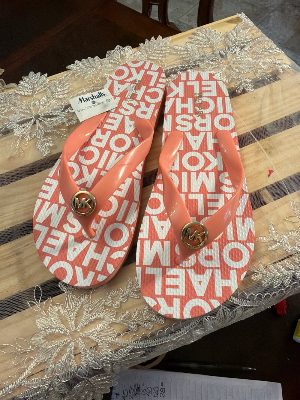 Michael Kors Coral Logo Flip Sandals with Gold MK Medallion
